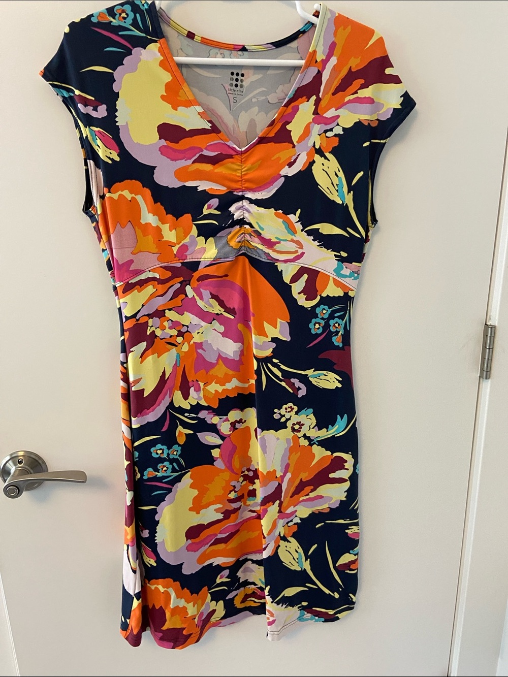 Title 9 Navy Floral Midi Dress with Orange, Pink & Yellow